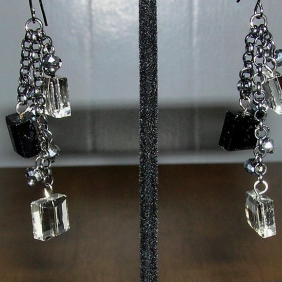 Black Glass and Gray Crystal Dangling Earrings - Picture 3 of 3